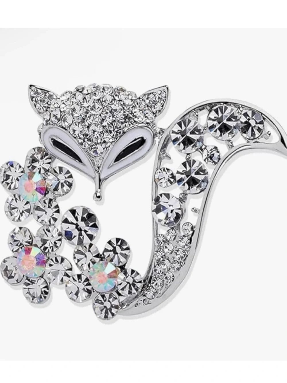 Anthropologie Silver Crystal Fox Brooch with Aurora Flowers